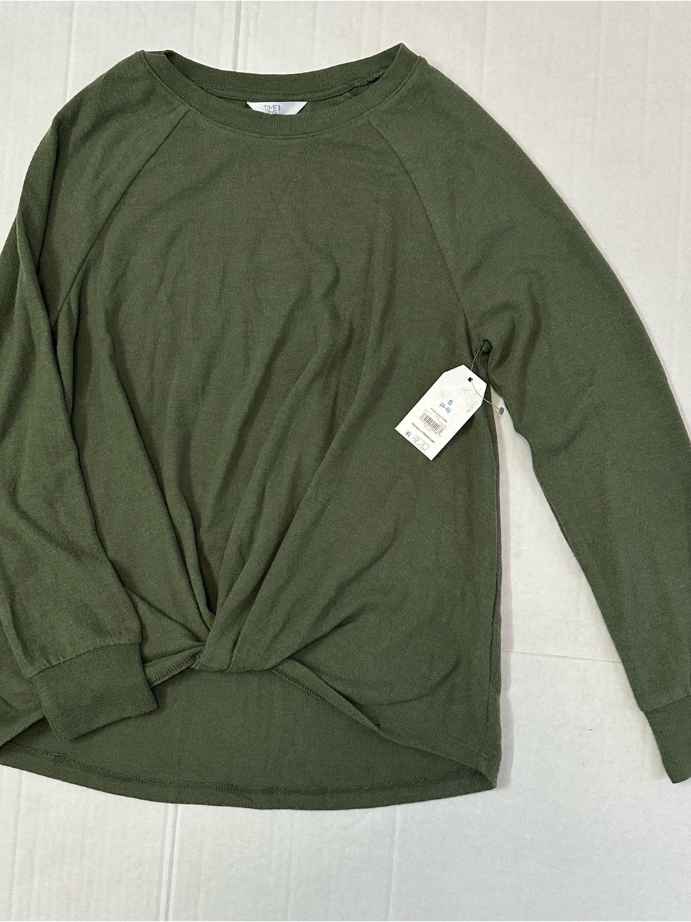 Time and Tru Olive Twist-Front Long Sleeve Top, size small
